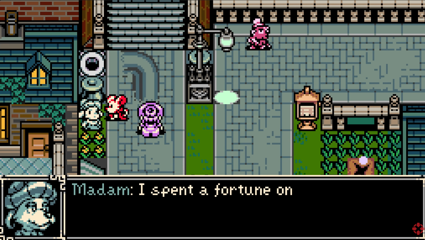 Mina standing near early-game paths and shops in Ossyx