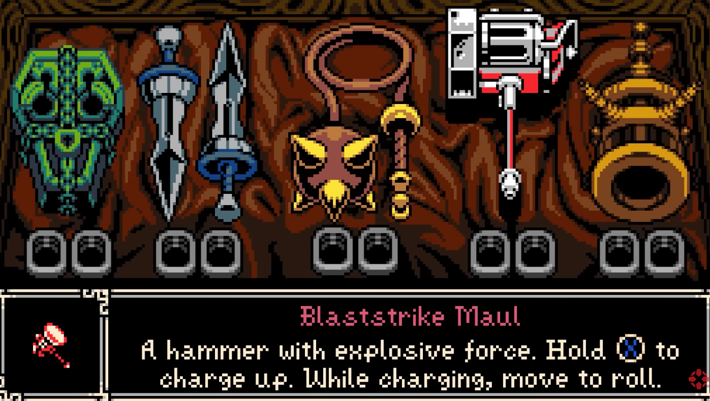 Mina the Hollower weapon selection with daggers, flail, hammer, shield, and gun options