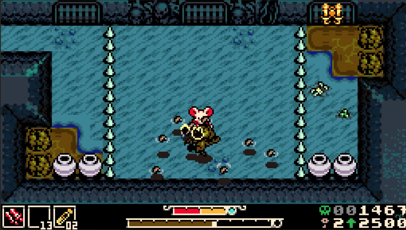 Mina the Hollower exploring a dark dungeon with retro Game Boy Color-style visuals